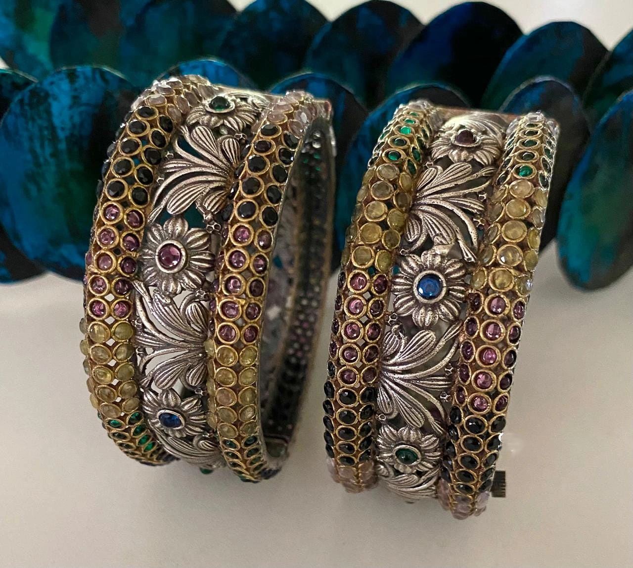 Floral Designs German Silver Openable Bangles With Semi-Precious Stones And Dual Tone-BANGLES-10330