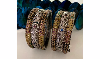 Floral Designs German Silver Openable Bangles With Semi-Precious Stones And Dual Tone