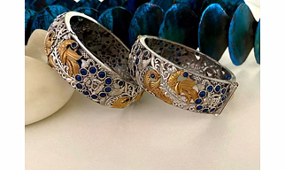 Floral Designs German Silver Bangles With Semi-Precious Stones And Dual Tone