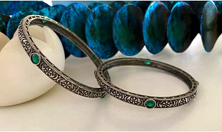 Floral Designs German Silver Bangles With Semi-Precious Stones And Dual Tone