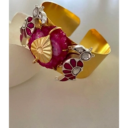 Gold Polish Bracelet Embedded With Semi-Precious Stone, And Panchi Kundan