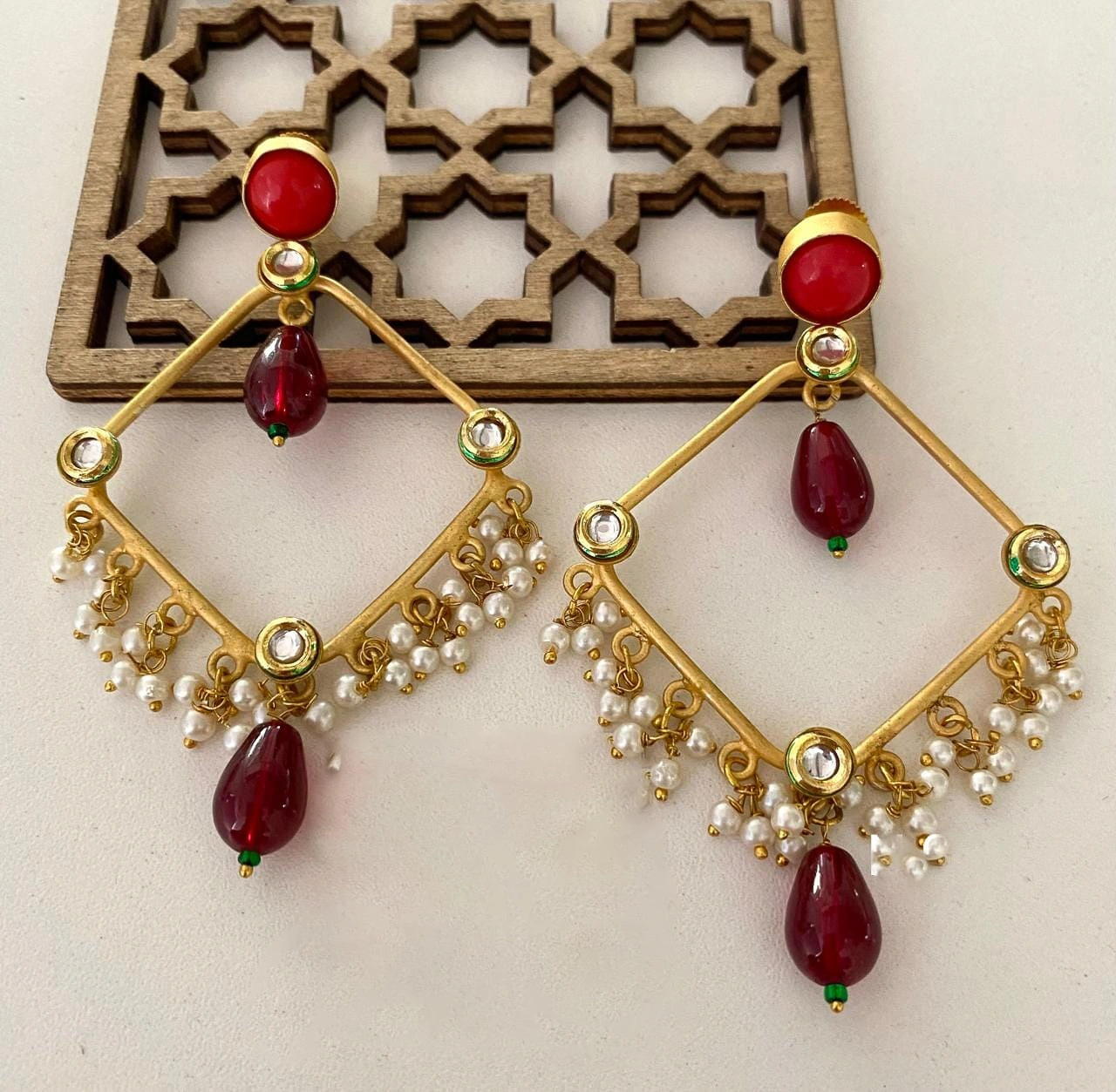 Gold Plated Long Earrings And Ruby Stone-EARRINGS1-390