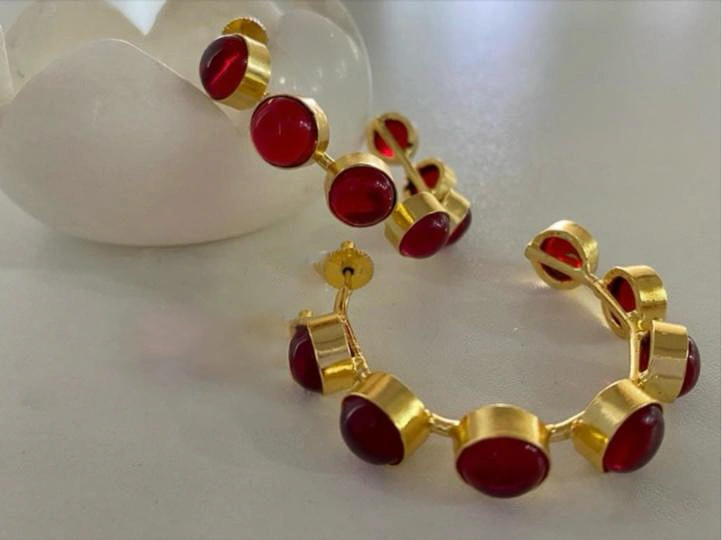 Hoop Earrings Embedded With Ruby Colour Hydro Stones-EARRINGS1390