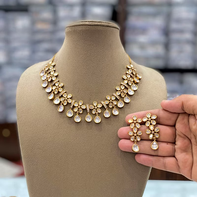 aritrick gold plated moissanite stone necklace set