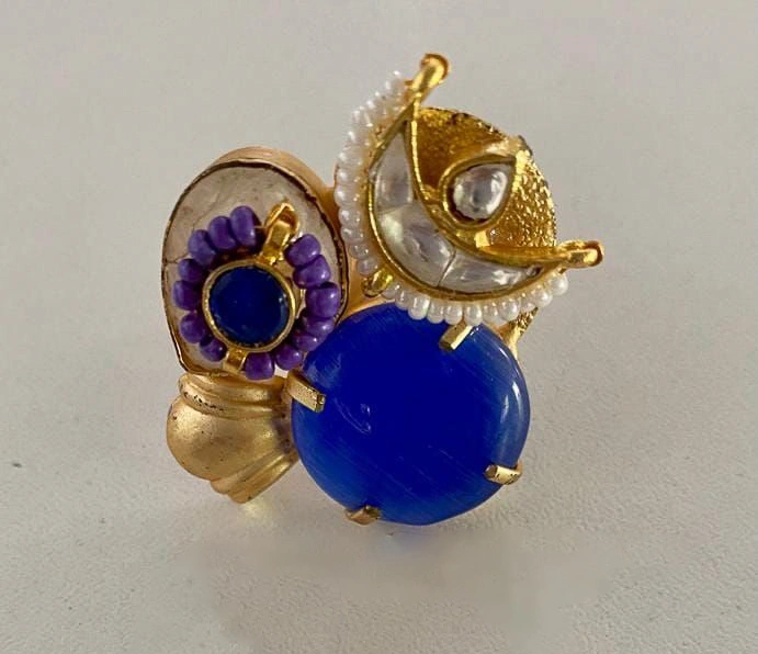 Fushion Rings With Panchi Kundan, Rice Pearls And Blue Coloured Stones-RINGS15130