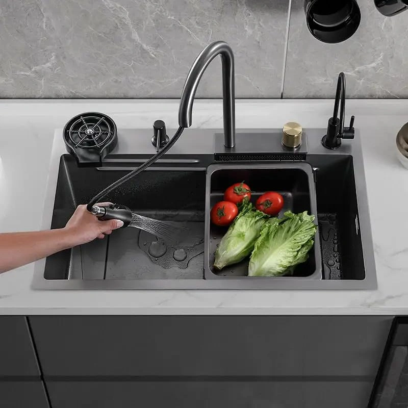 Kitchen Sink With Waterfall Pull Down Faucet SS 304 Single Bowl Sink With All Accessories-12476337