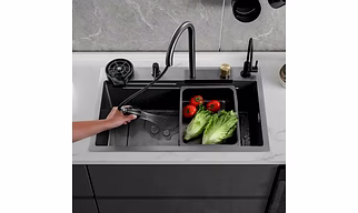 Kitchen Sink With Waterfall Pull Down Faucet SS 304 Single Bowl Sink With All Accessories
