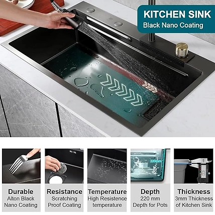 Kitchen Sink With Waterfall Pull Down Faucet SS 304 Single Bowl Sink With All Accessories-4