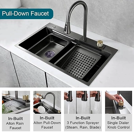 Kitchen Sink With Waterfall Pull Down Faucet SS 304 Single Bowl Sink With All Accessories-2