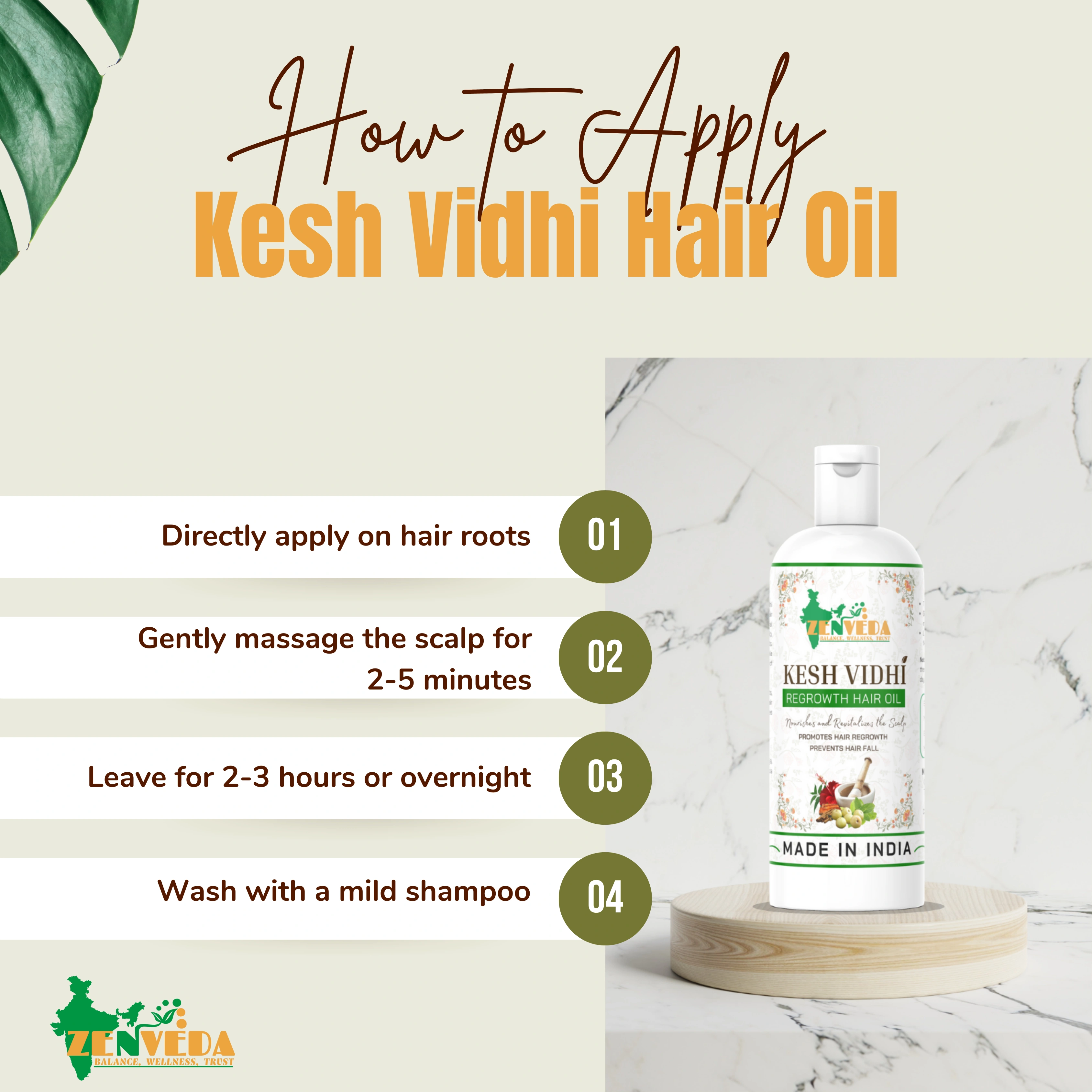 Zen Veda Kesh Vidhi Regrowth Hair Oil Direction for use