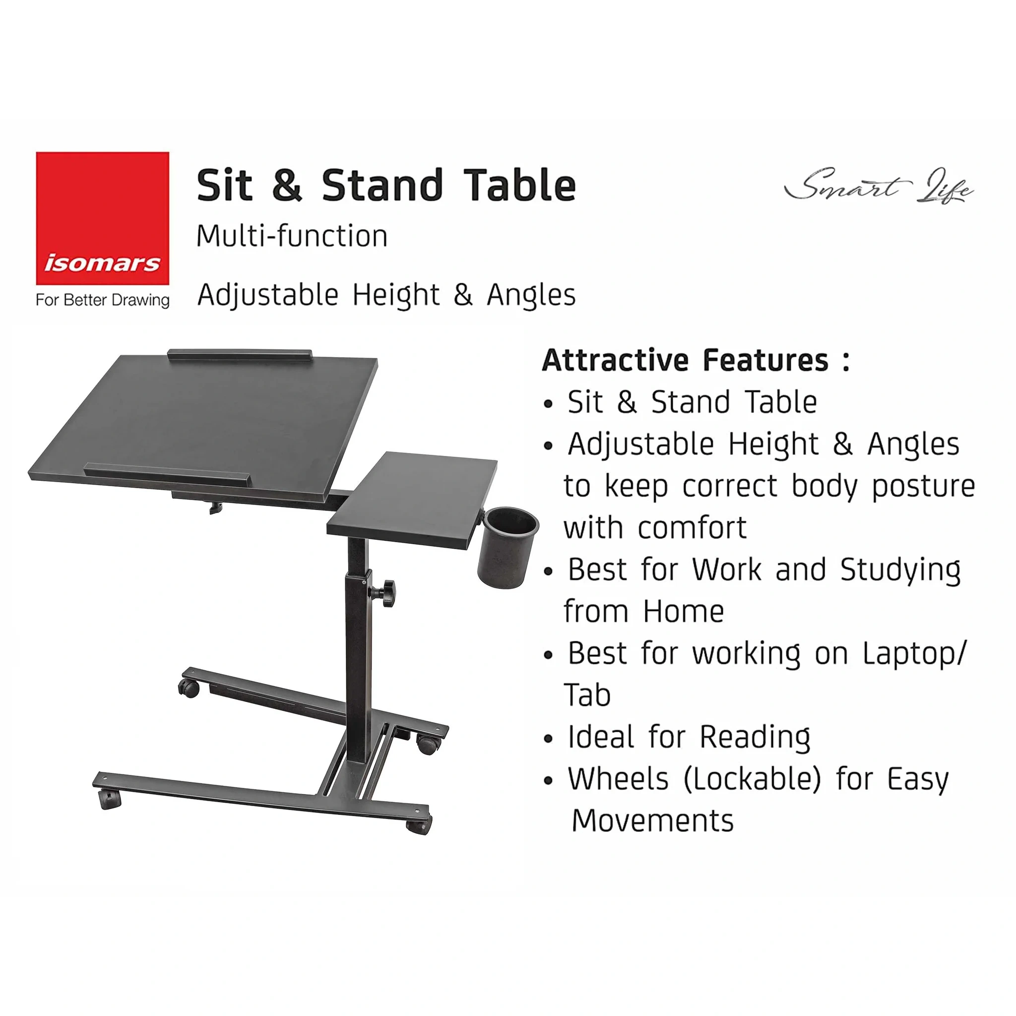 Isomars 360° Rotatable Laptop Table Multipurpose Study Desk,Lockable Wheels, &amp; Height Adjustable-1