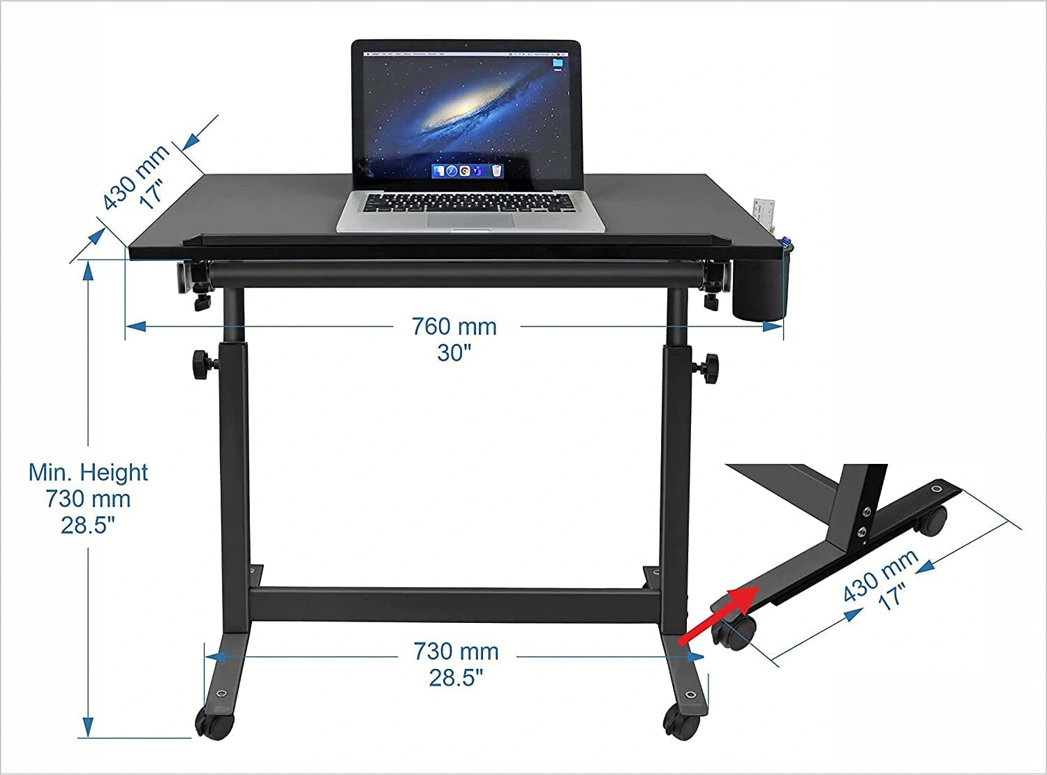 Isomars Multipurpose Laptop Table Study Desk Drawing Table, Caster Lockable Wheels, Adjustable Height and Angle for Work from Home, Office, Bedroom - Black (Alloy Steel)-1