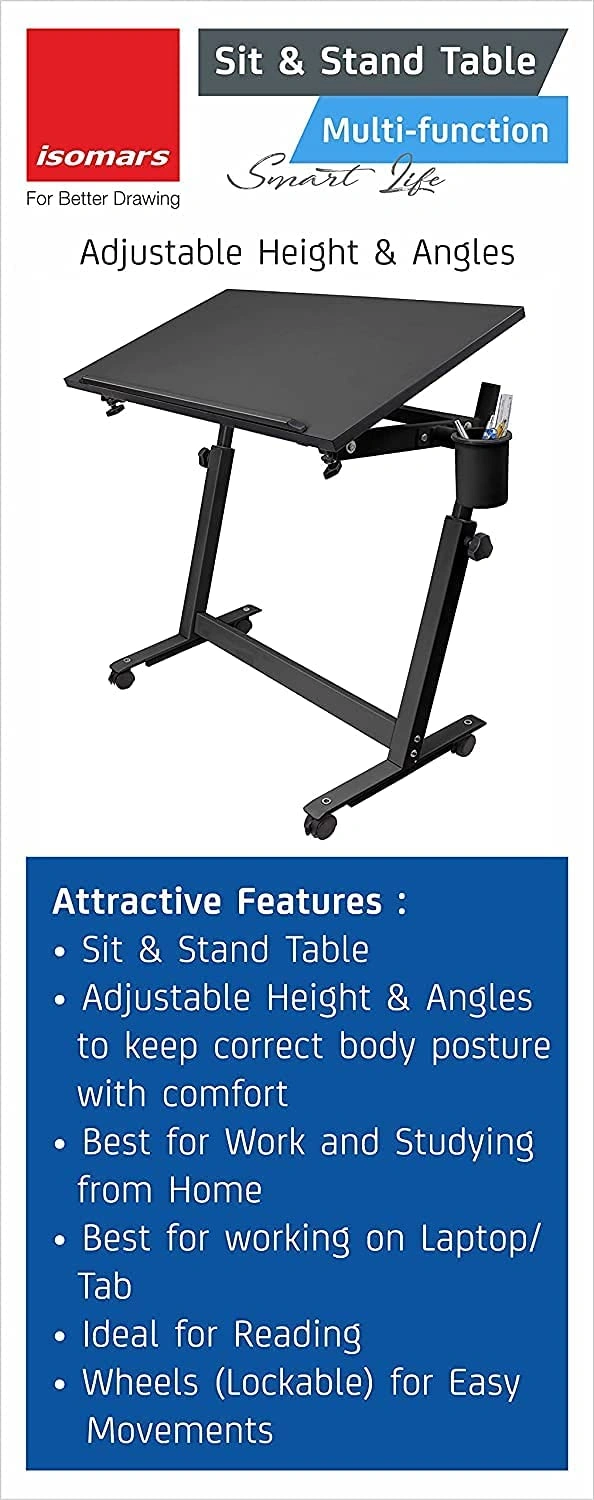 Isomars Multipurpose Laptop Table Study Desk Drawing Table, Caster Lockable Wheels, Adjustable Height and Angle for Work from Home, Office, Bedroom - Black (Alloy Steel)-2