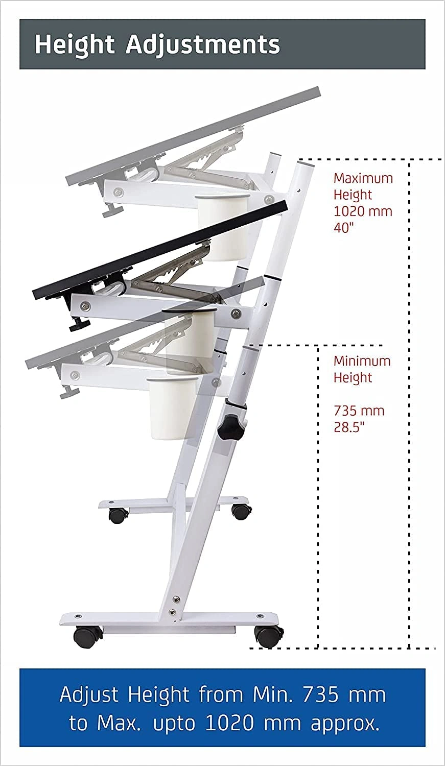 Isomars Multipurpose Laptop Table Study Desk Drawing Table, Caster Lockable Wheels, Adjustable Height and Angle for Work from Home, Office, Bedroom - Black (Alloy Steel)-4