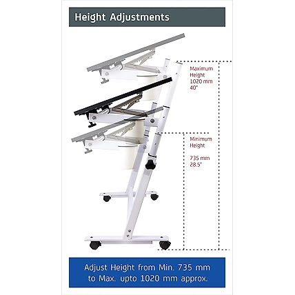 Isomars Multipurpose Laptop Table Study Desk Drawing Table, Caster Lockable Wheels, Adjustable Height and Angle for Work from Home, Office, Bedroom - Black (Alloy Steel)-4