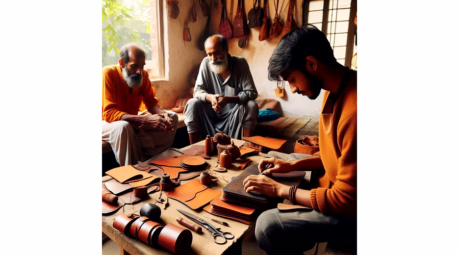 Artisans working on handicrafts at home as part of Suyog Enterprises' rural employment initiative.