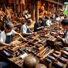 Artisans engaged in crafting various handicrafts such as leather, marble, and wood in a village sett