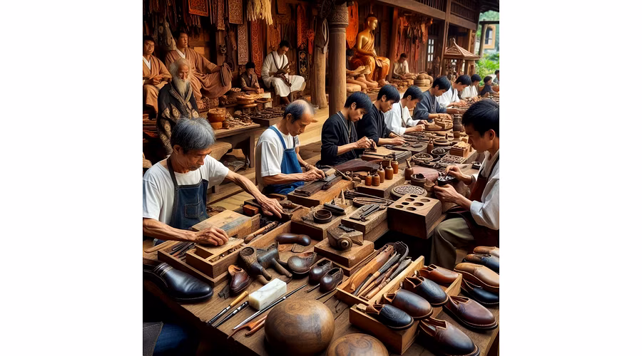 Artisans engaged in crafting various handicrafts such as leather, marble, and wood in a village sett