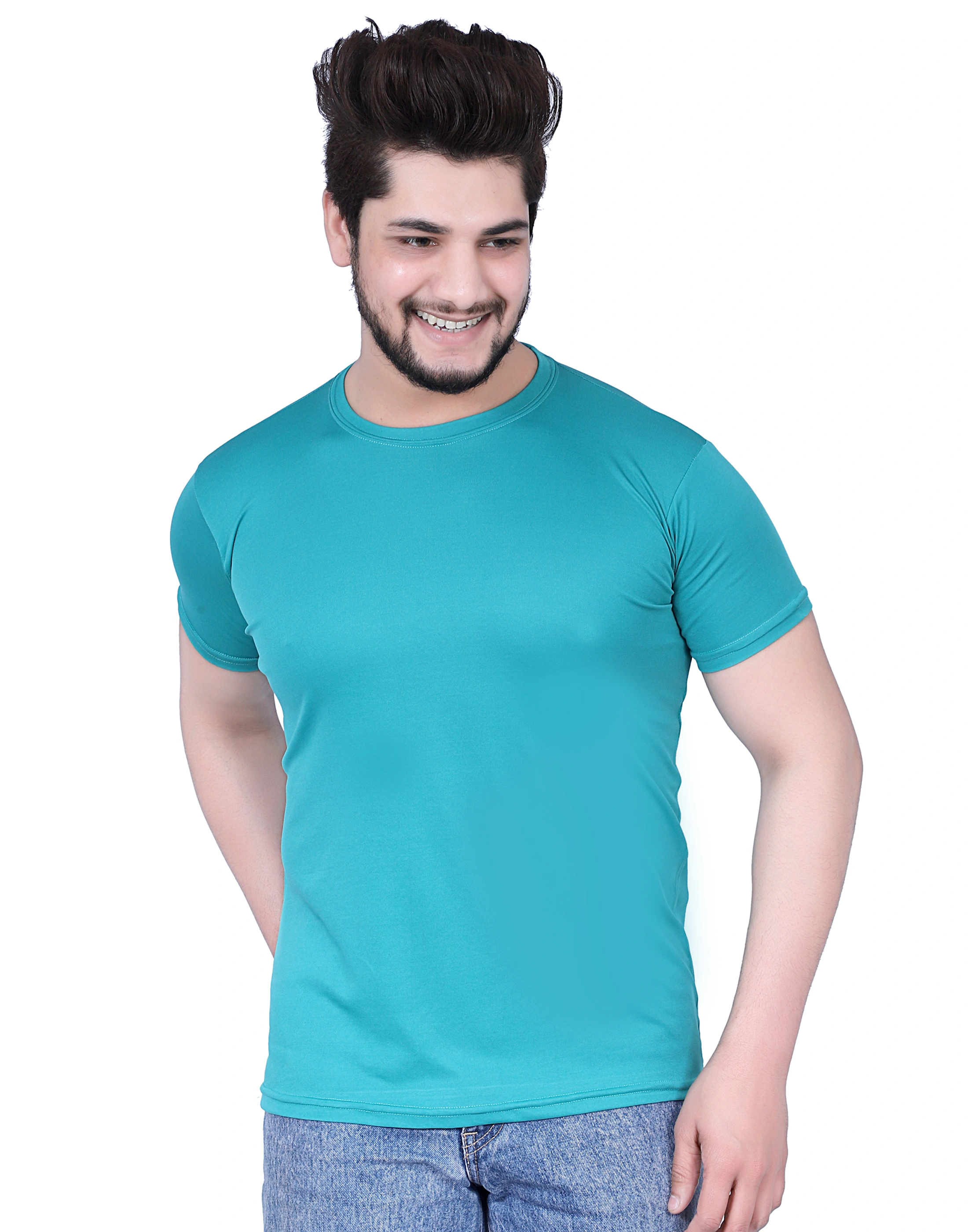 Men's T-Shirt Sea Green/Rama Green Color Round Neck Half Sleeves Polyester Fabric-GL-Sgrn-HS