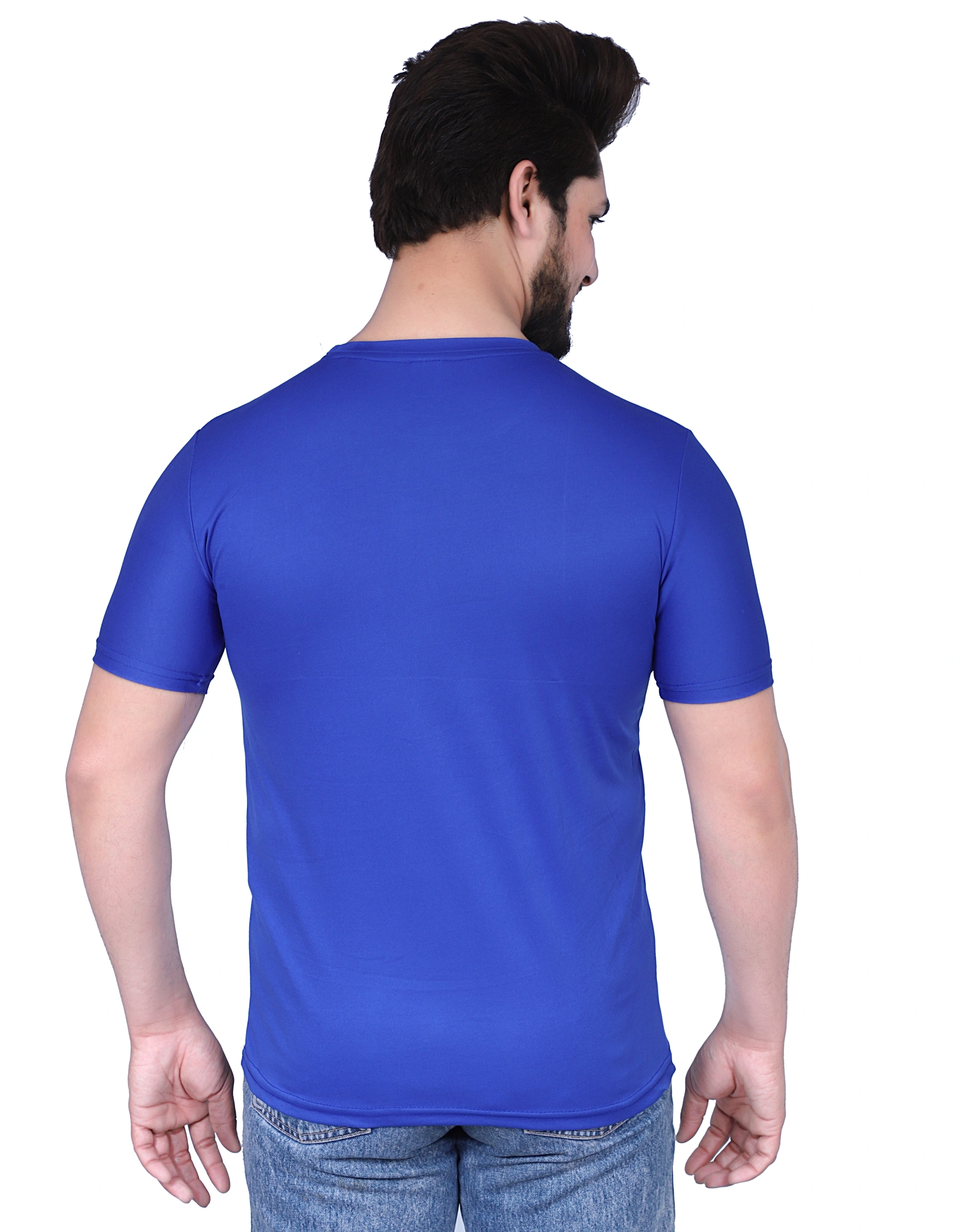 Men's Royal Blue Polyester Round Neck Half Sleeves T-Shirt-Royal Blue-S-3