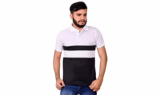 Trendy Men's Black & White Striped Polo Shirt with Dot Knit Fabric