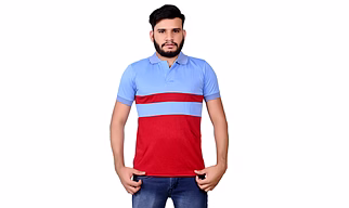 Men's Sky Blue & Mahroon Stripes Polo Shirt - Half Sleeves, Dot Knit Fabric