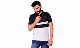 Men's Black & White Stripes Polo - Comfortable Half Sleeve Dot Knit Fabric