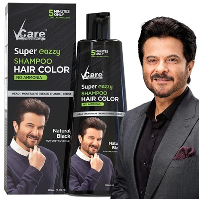 VCare Super Eazzy Hair Colour Shampoo for Women and Men (180ml, Black)