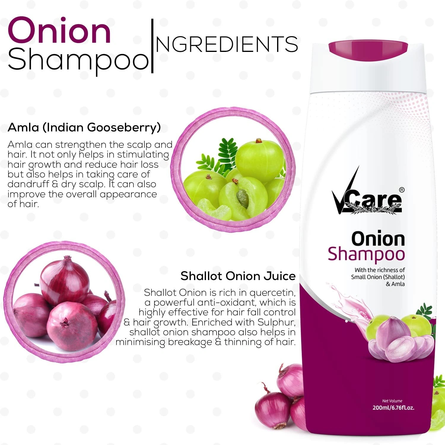 VCare Small Onion Shampoo for Hair Growth 200ml and Hair Fall Control - With Shallot Onion and Amla Suitable for Both Men &amp; Women-3