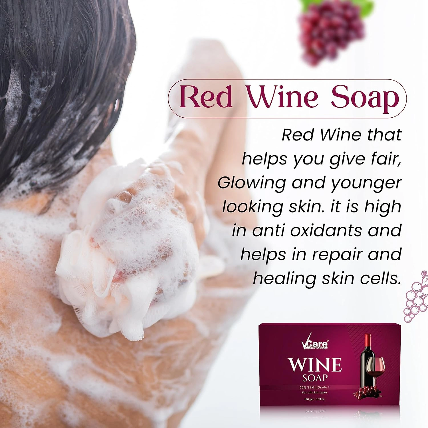 Vcare Red Wine Soap for All Skin Types - Redwine Bathing Bar Deep Cleansing, Exfoliating Combo Pack - 100g (Pack of 3)-4