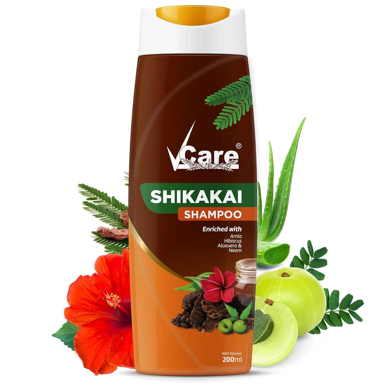 VCare Shikakai Shampoo with Goodness of Aloe Vera &amp; Neem, Amla, Hibiscus, Shikakai Shampoo 200ml, pk-1-12486920