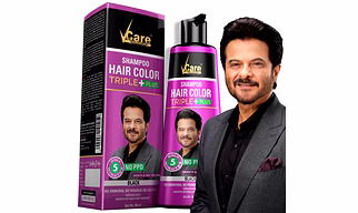 VCare Triple Plus Hair Colour Shampoo Black Hair Colour Shampoo, 180ml for Women and Men