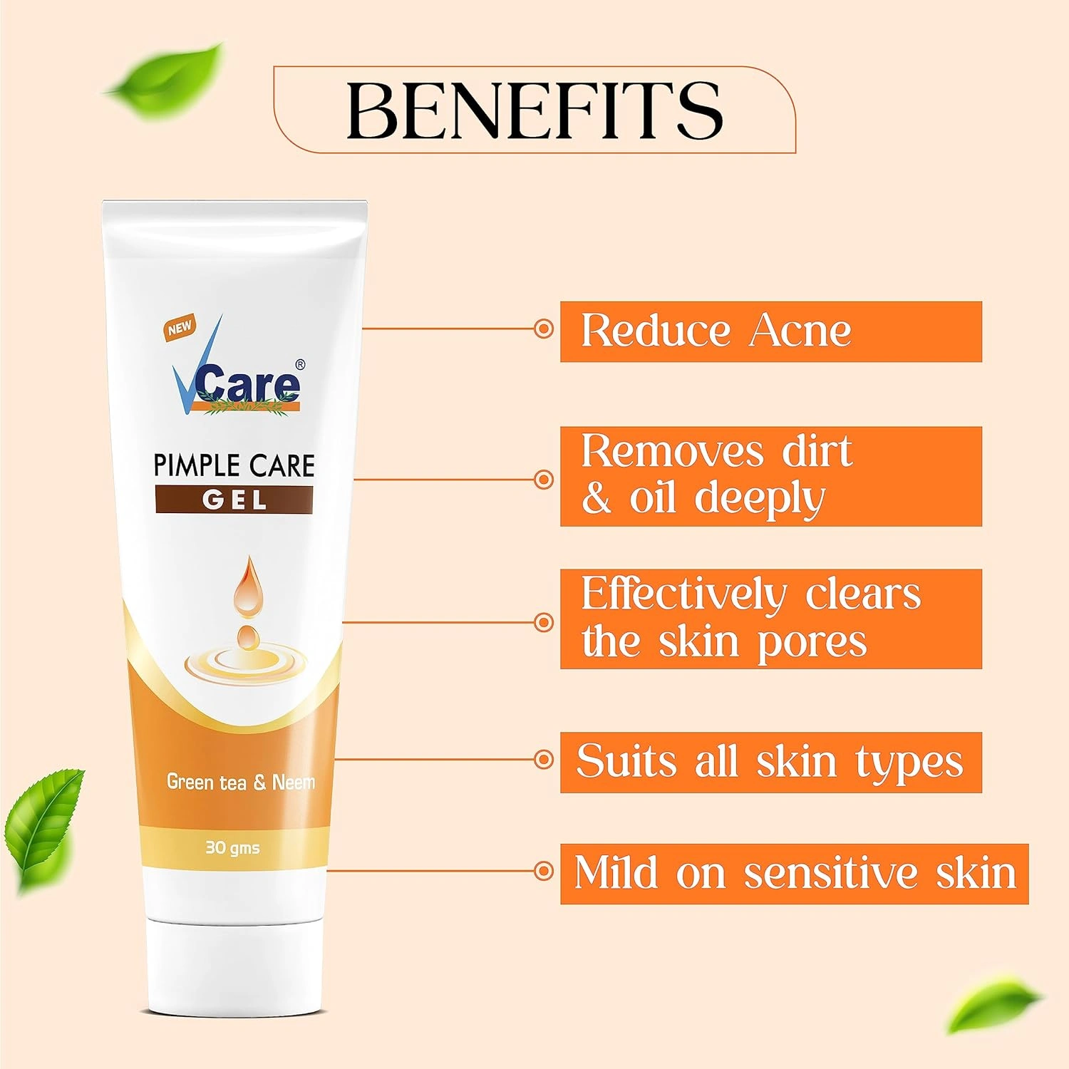 VCare Pimple Care Gel for All Skin Types 30g with Green Tea and Neem 30 gm Suitable for Men and Women Pack of 1-2