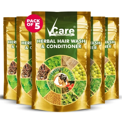 VCare Herbal Hair Wash and Conditioner for Men and Women| 100% Natural with 12+ Herbs Amla, Shikakai, Bhringraj, Hibiscus Powder for all Hair Type - 100G(PACK OF 5)
