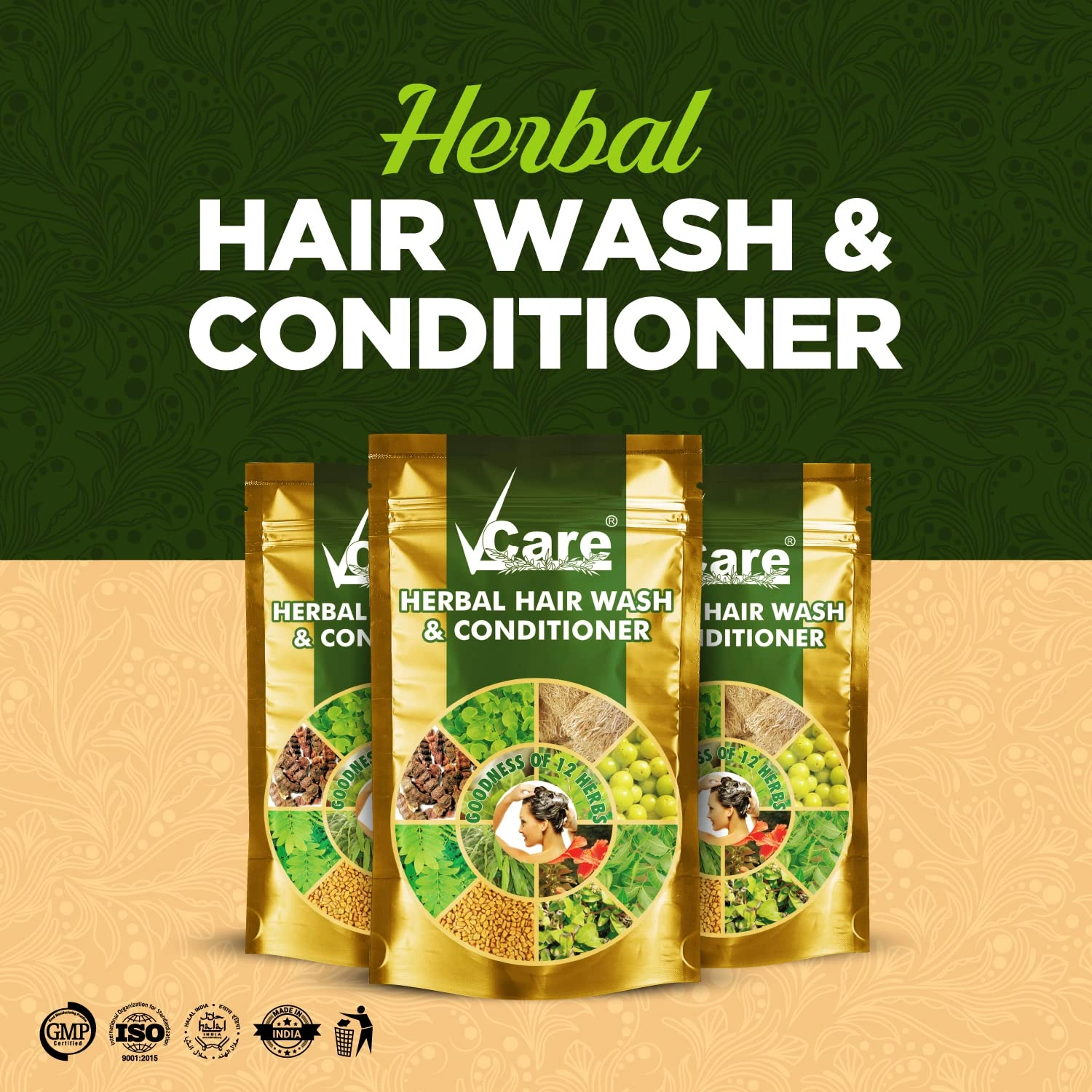 VCare Herbal Hair Wash and Conditioner for Men and Women| 100% Natural with 12+ Herbs Amla, Shikakai, Bhringraj, Hibiscus Powder for all Hair Type - 100G(PACK OF 5)-4