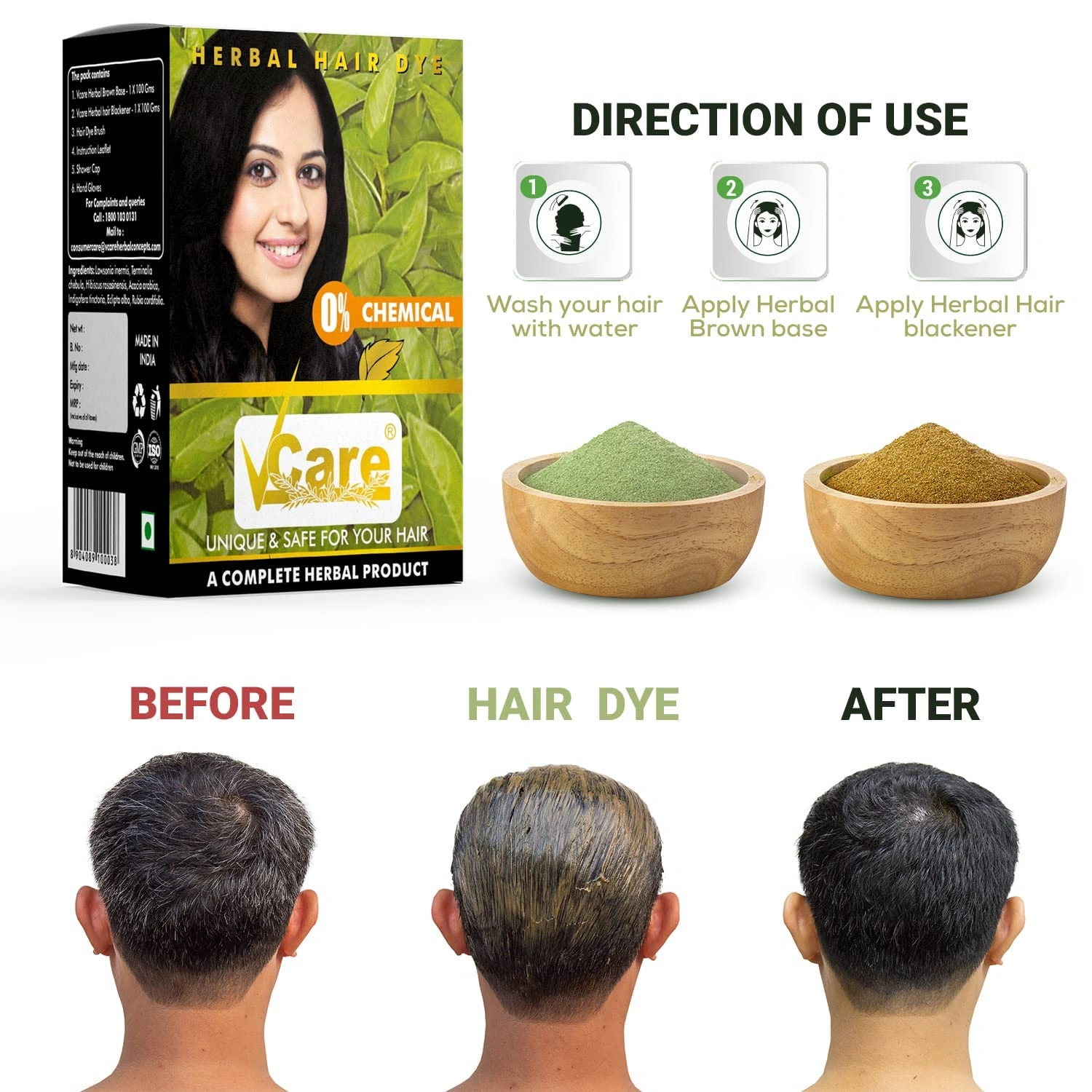 VCare Natural Herbal Hair Dye Powder for Men and Women|Apply for Dry Hair |100% Organic Henna Black Dye Hair Color Boost Shine and Hair Growth - 60 gm-1