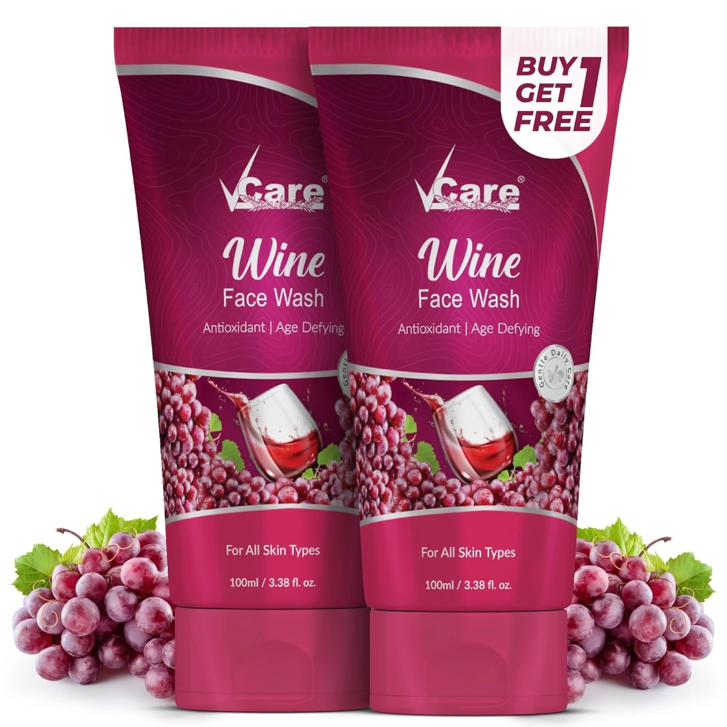 Vcare Red Wine Face Wash Suitable for All Skin Types|Younger-Looking Skin|Anti-Oxidant Oily Skin &amp; Age Defying Bright Refreshed Skin All Day | Buy 1 Get 1 Free 100g-12497864