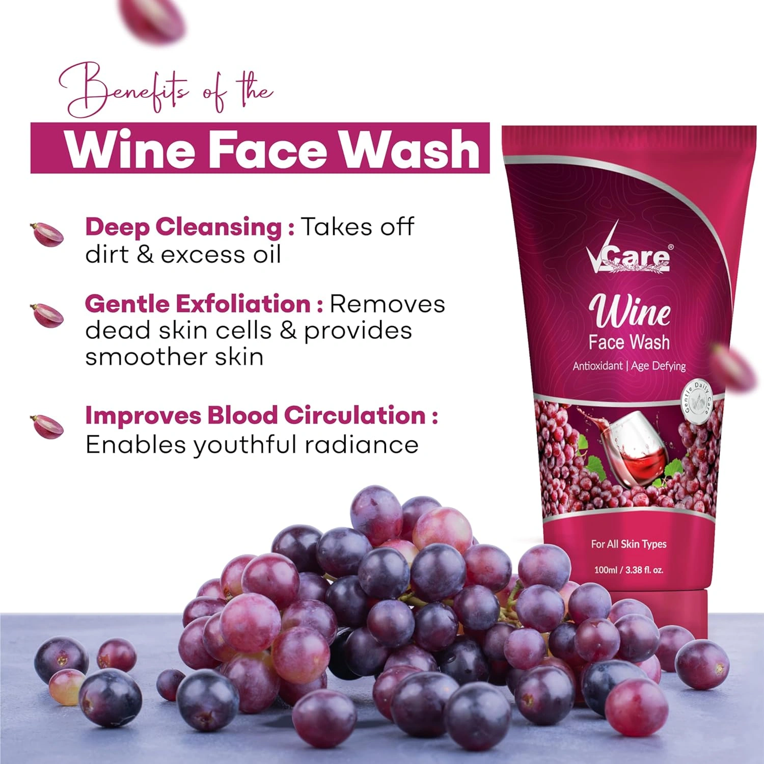 Vcare Red Wine Face Wash Suitable for All Skin Types|Younger-Looking Skin|Anti-Oxidant Oily Skin &amp; Age Defying Bright Refreshed Skin All Day | Buy 1 Get 1 Free 100g-1