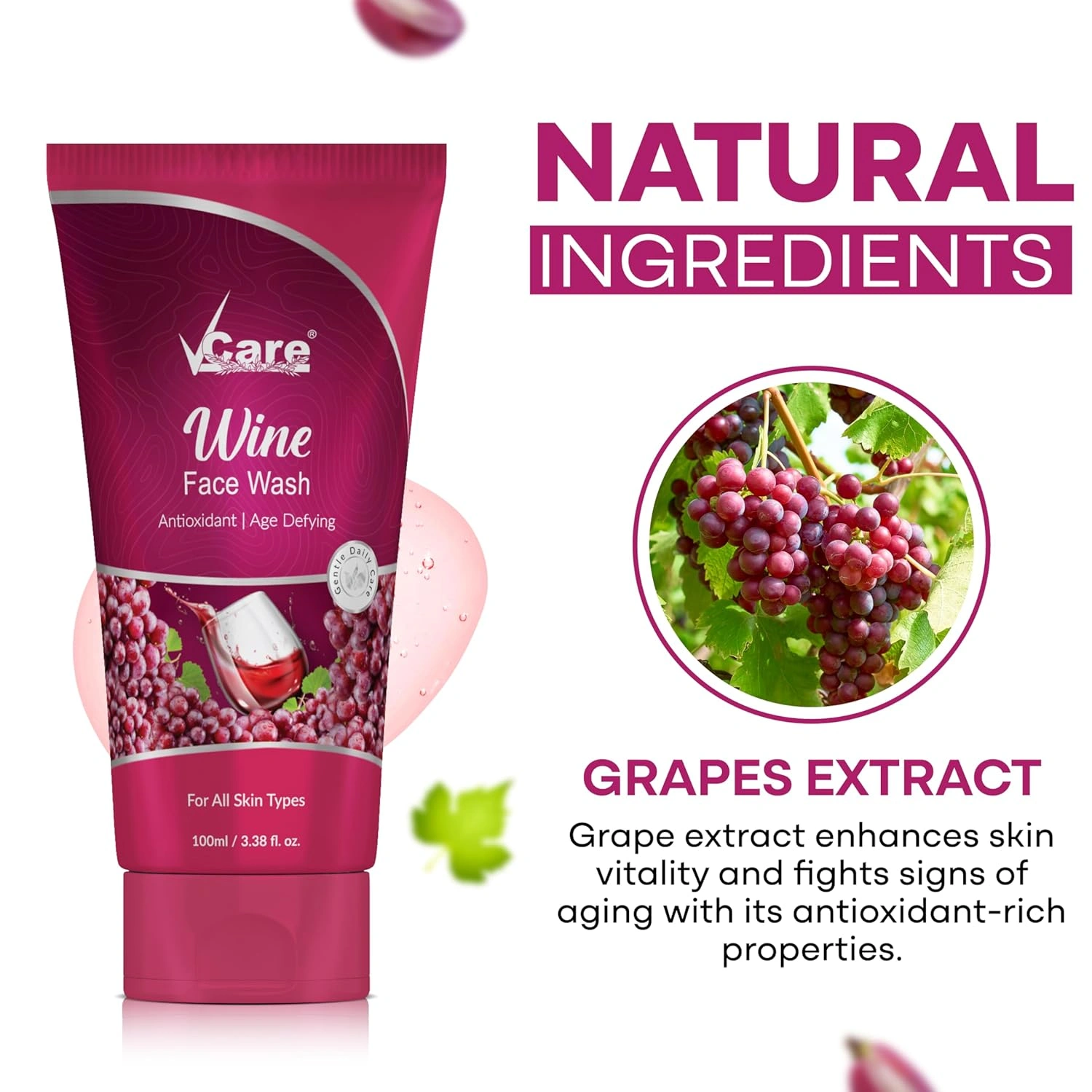 Vcare Red Wine Face Wash Suitable for All Skin Types|Younger-Looking Skin|Anti-Oxidant Oily Skin &amp; Age Defying Bright Refreshed Skin All Day | Buy 1 Get 1 Free 100g-2