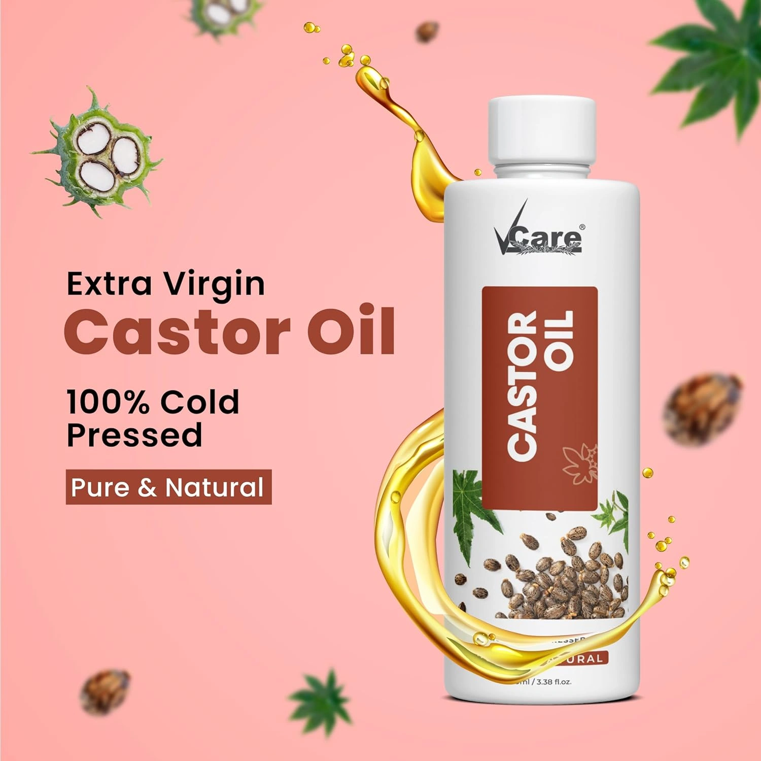 VCare Virgin Cold Pressed Castor Oil for Hair Growth,Skin Care,Moisturising Dry Skin,Nails,Eyelash,Arandi Oil Suitable for All Skin &amp; Hair Types 100ml-1