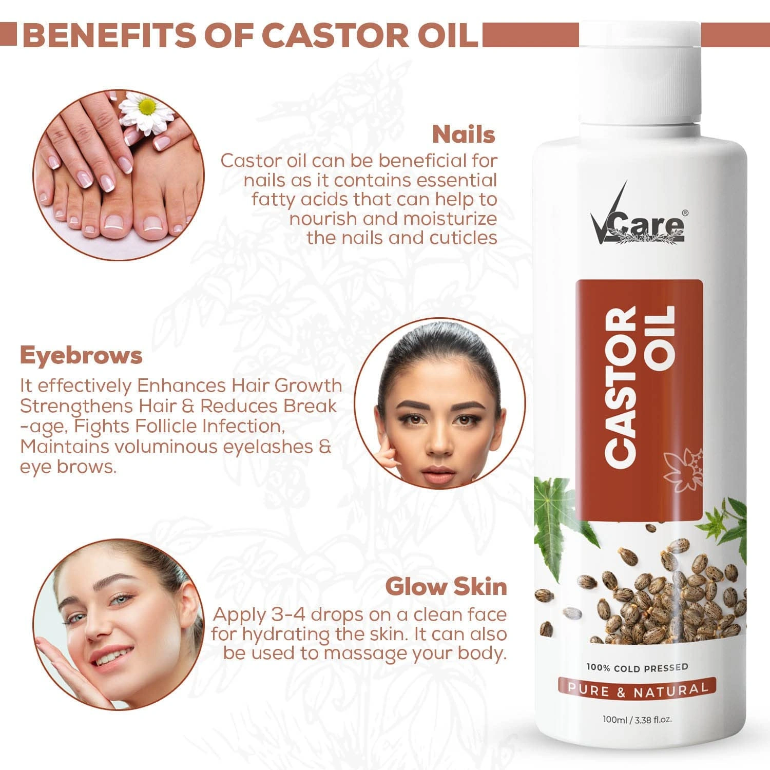 VCare Virgin Cold Pressed Castor Oil for Hair Growth,Skin Care,Moisturising Dry Skin,Nails,Eyelash,Arandi Oil Suitable for All Skin &amp; Hair Types 100ml-3