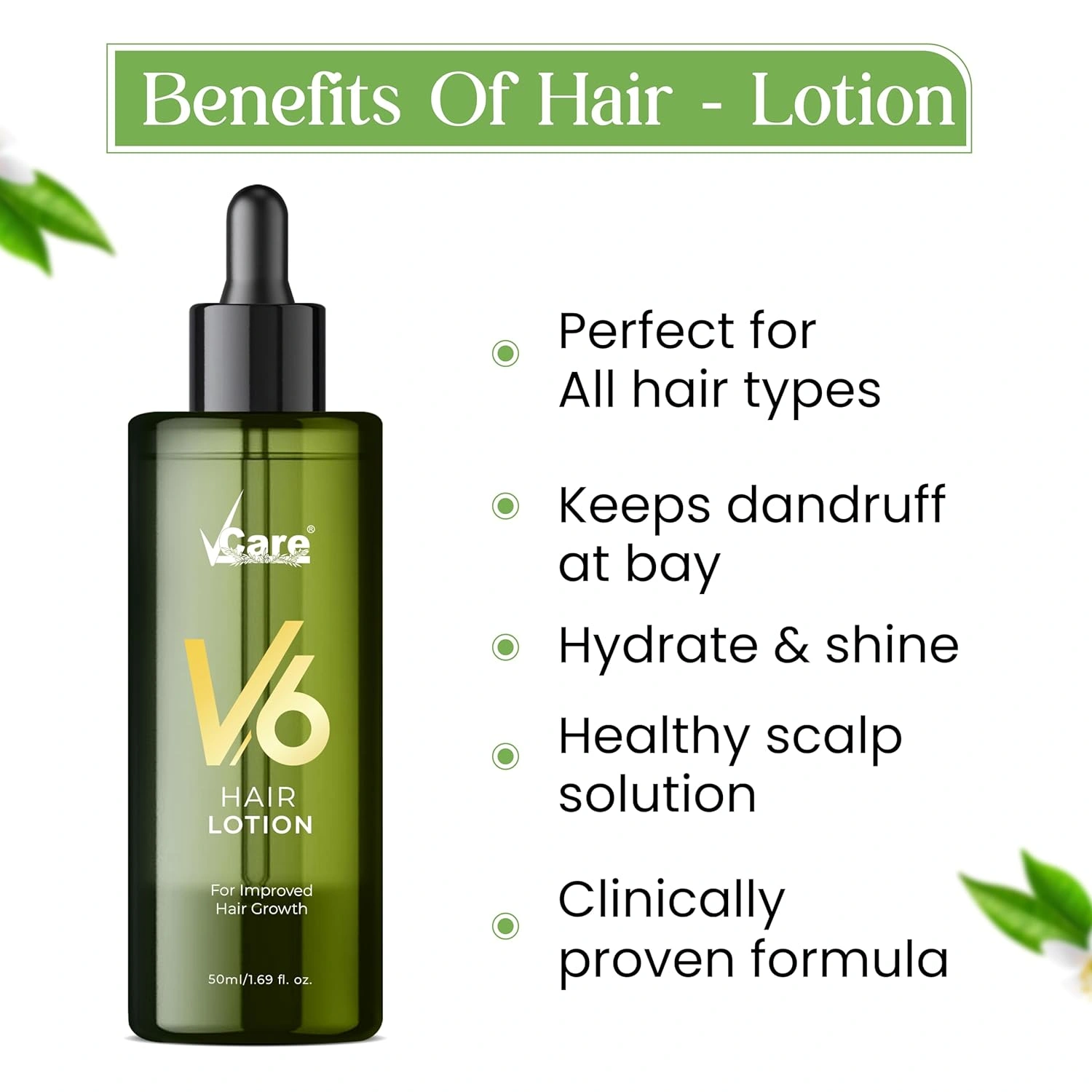 VCare V6 Hair Lotion For Improved Hair Growth 50ml | Hair Fall Control Serum for Men &amp; Women (Pack 1)-1