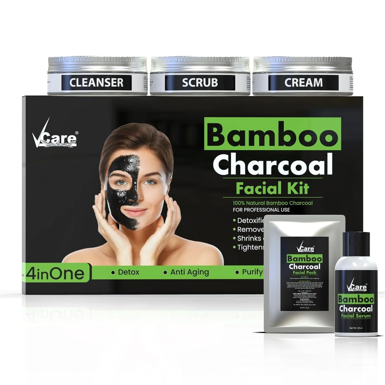 VCare Natural's Bamboo Charcoal Facial Pack Kit for Brighter Skin,Deep Pore Cleansing Acne Prone Oily Skin &amp; Blackheads Removal|Detox, Anti Aging, All Skin types (300gm + 50ml)-12498258