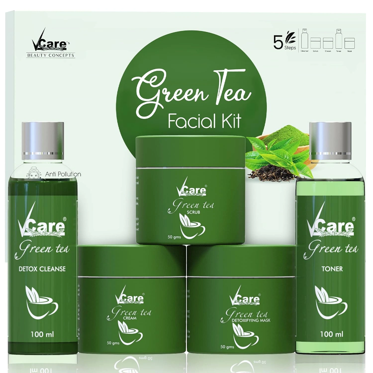 Vcare Facial Kit for Women Skin Care Firming Wine mask for Glowing Skin &amp; Tan removal | Brightening Face wash For Dry Skin Grapeseed Scrub, Renewing Cream 5 Steps (Green Tea Facial Kit)-12498352