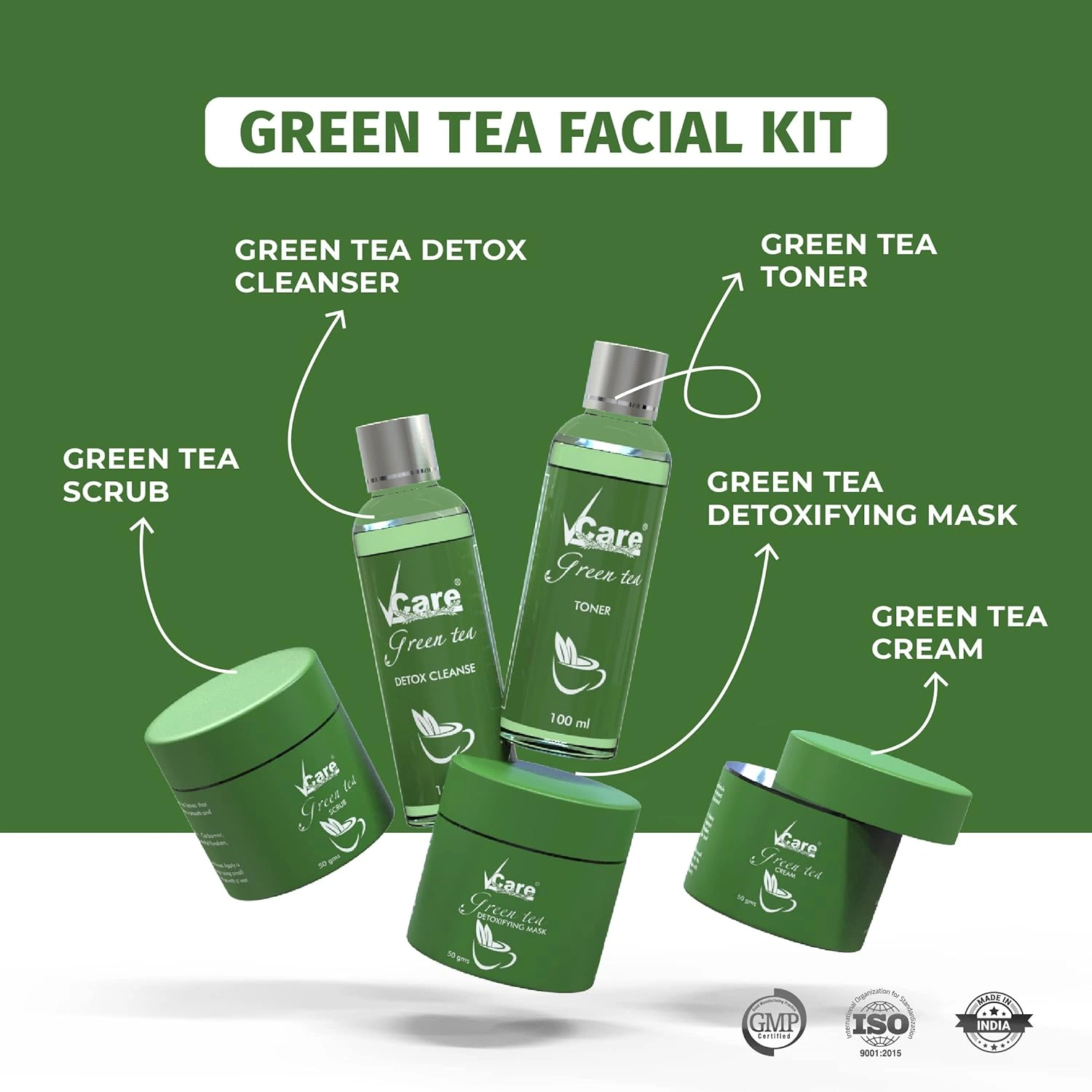 Vcare Facial Kit for Women Skin Care Firming Wine mask for Glowing Skin &amp; Tan removal | Brightening Face wash For Dry Skin Grapeseed Scrub, Renewing Cream 5 Steps (Green Tea Facial Kit)-3