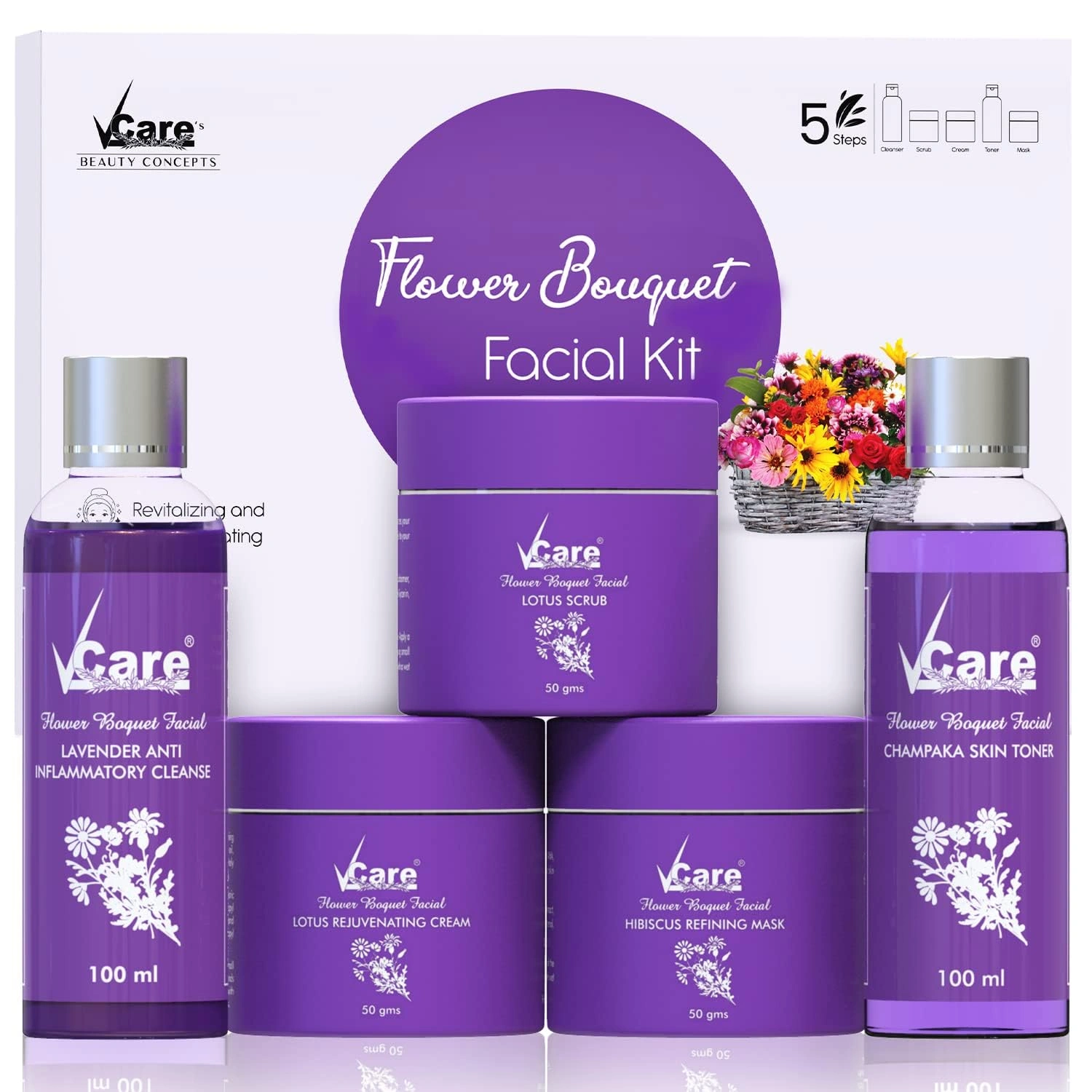 Vcare Facial Kit for Women Skin Care Firming Wine mask for Glowing Skin &amp; Tan removal | Brightening Face wash For Dry Skin Grapeseed Scrub, Renewing Cream 5 Steps (Lavender Facial Kit)-12498310