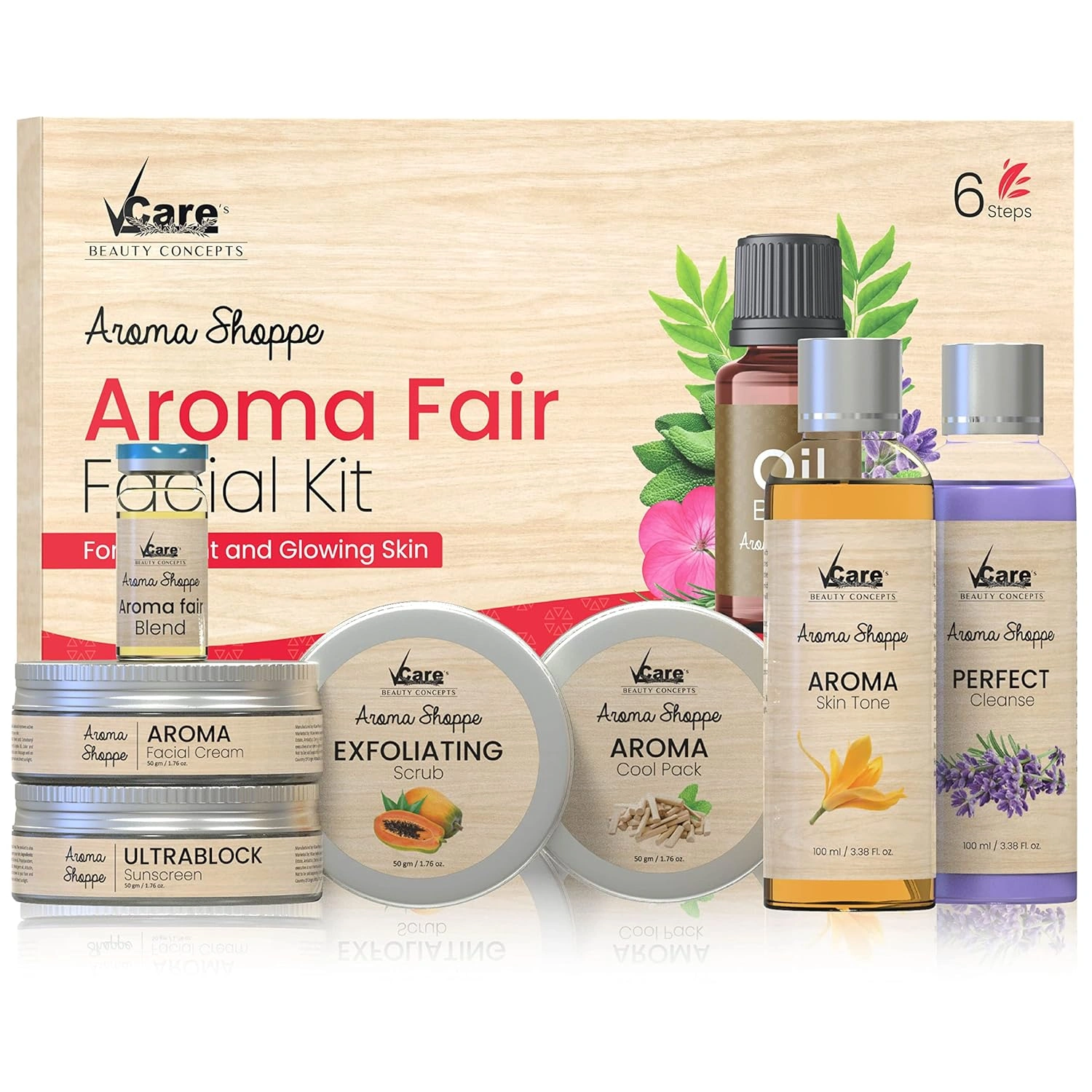 VCare Beauty concepts Facial Kit for Lightening &amp; Brightening skin with Pearl dust &amp; Aroma Shoppe Aroma Fair, 7 pieces (Aroma Fair Facial Kit)-12500416