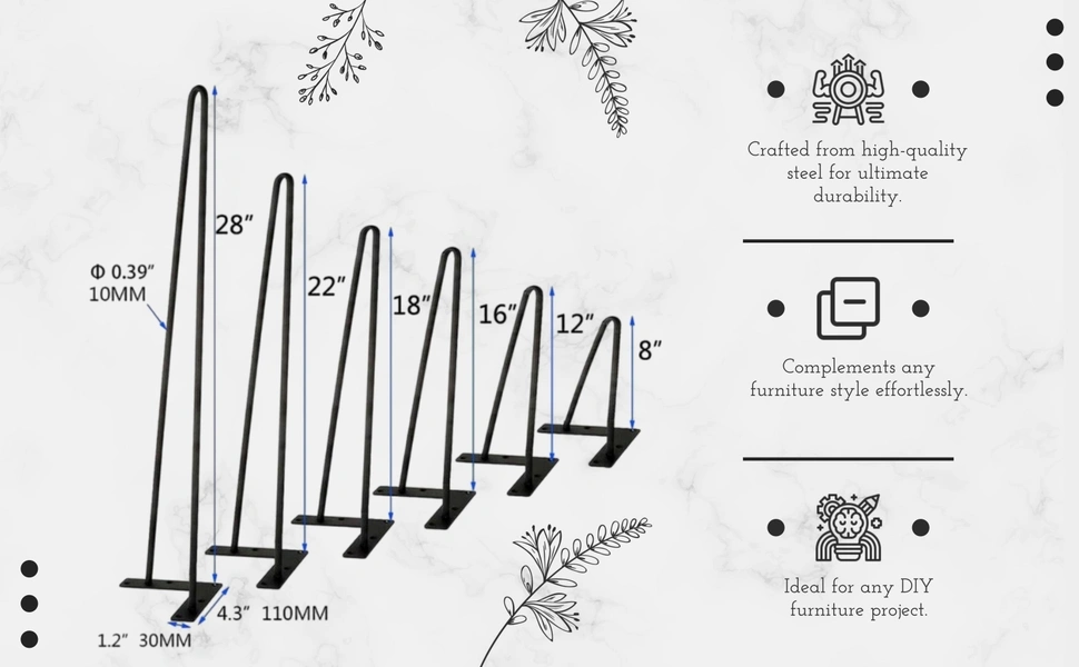 Dekorwish Metal Table Legs, Center Table Legs, Furniture Legs, Hairpin legs 2 Pin pack of 4 (4 inch to 32)-2