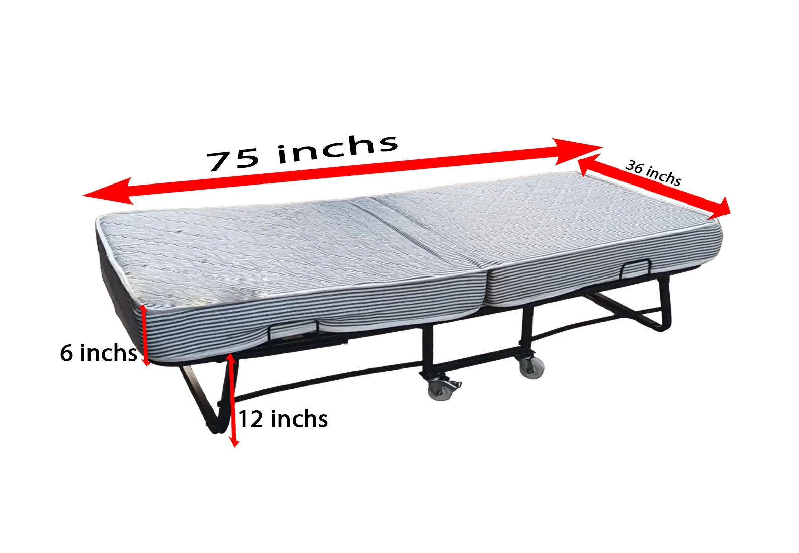 dekorwish Rollaway Bed Metal Folding Single Bed with 6-Inch Contemporary Premium Mattress, Lockable Wheels- (Black) (27, Kilograms)-4