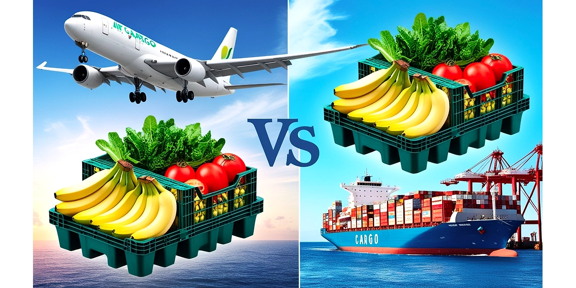 A comparison of air cargo and sea cargo for exporting fresh produce, showcasing cost, speed, and vol